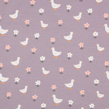 Load image into Gallery viewer, Ducks and Daisies on mauve GOTS organic jersey
