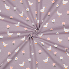 Load image into Gallery viewer, Ducks and Daisies on mauve GOTS organic jersey
