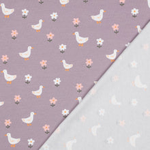 Load image into Gallery viewer, Ducks and Daisies on mauve GOTS organic jersey
