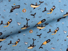 Load image into Gallery viewer, Whales and Seagulls denim effect jersey, light blue
