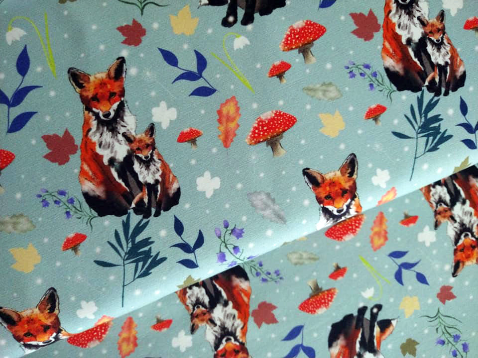 Woodland Foxes on teal French terry