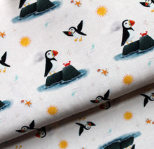 Load image into Gallery viewer, Puffins&#39; Life on linen look jersey, exclusive ETA W/C 24.03
