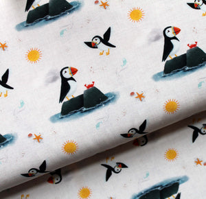 Puffins' Life on linen look jersey, exclusive ETA W/C 24.03