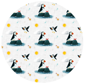 Puffins' Life on linen look jersey, exclusive ETA W/C 24.03